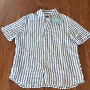 Faherty Blue & White Vertical Stripe Short Sleeve Button-Up Shirt